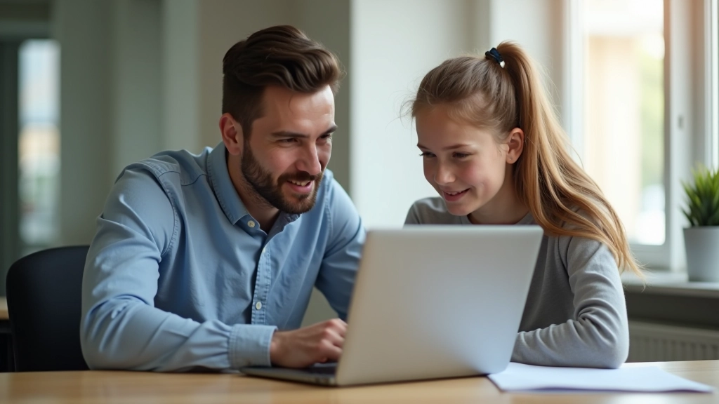 Erwachsener und Kind sitzen am Tisch mit Laptop und Finanz-Diagrammen, lernen zusammen