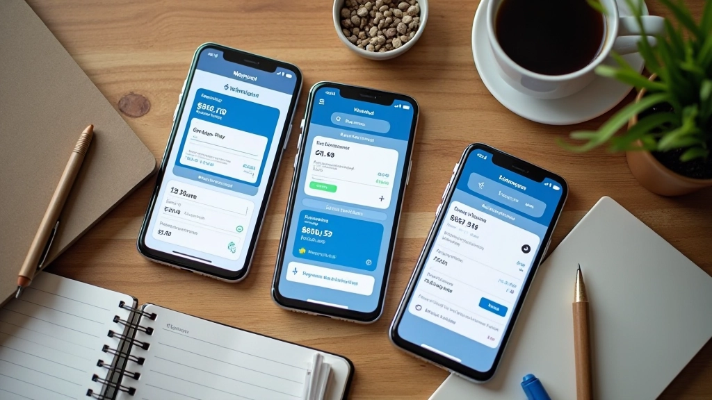 Verschiedene Smartphone-Bildschirme nebeneinander auf Holztisch mit Kaffee und Notizen, zeigen verschiedene Finanz-Apps