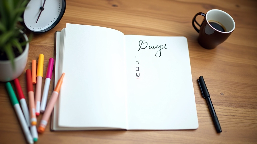 Notizbuch mit Tagesplan und Stiften auf einem hellen Schreibtisch, mit Kaffee und Wecker im Hintergrund