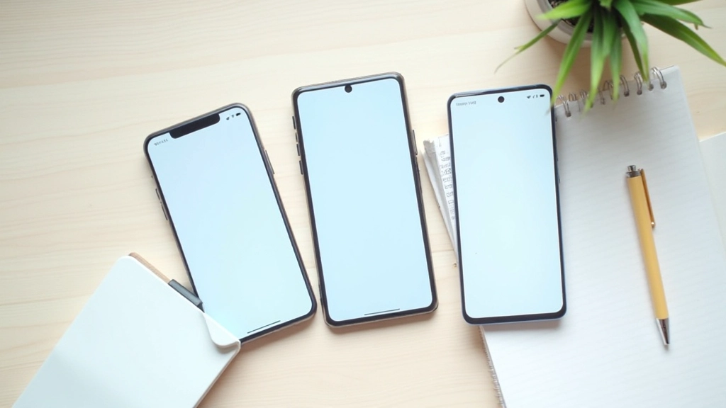Mehrere Smartphones nebeneinander auf einem Tisch, auf denen verschiedene Produktivitäts-Apps geöffnet sind