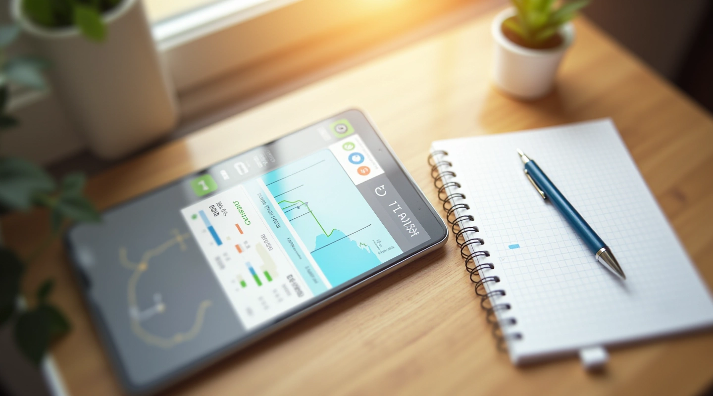 Smartphone auf Schreibtisch mit Finanz-App auf dem Bildschirm, Notizbuch und Stift daneben