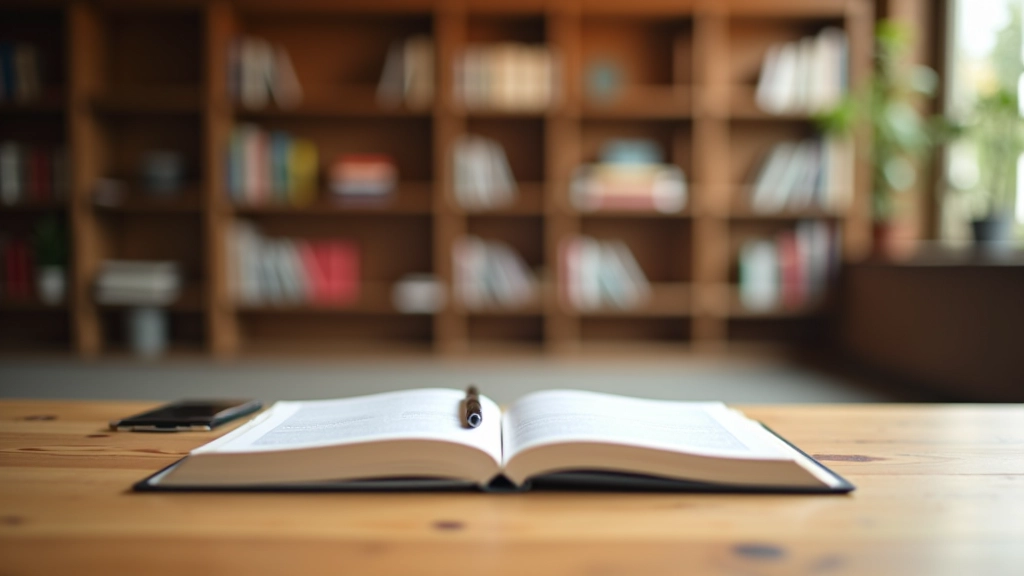 Moderne Bibliothek mit Büchern, Laptop und Notizbuch auf Holztisch, Fragen und Antworten Konzept