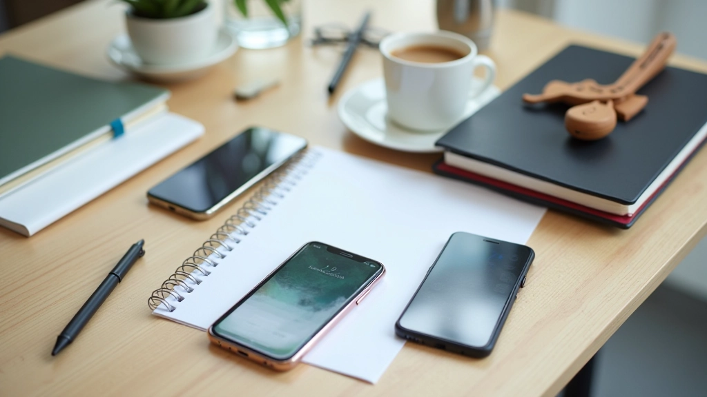 Verschiedene Smartphone-Apps nebeneinander auf einem Tisch mit Kaffee und Planer