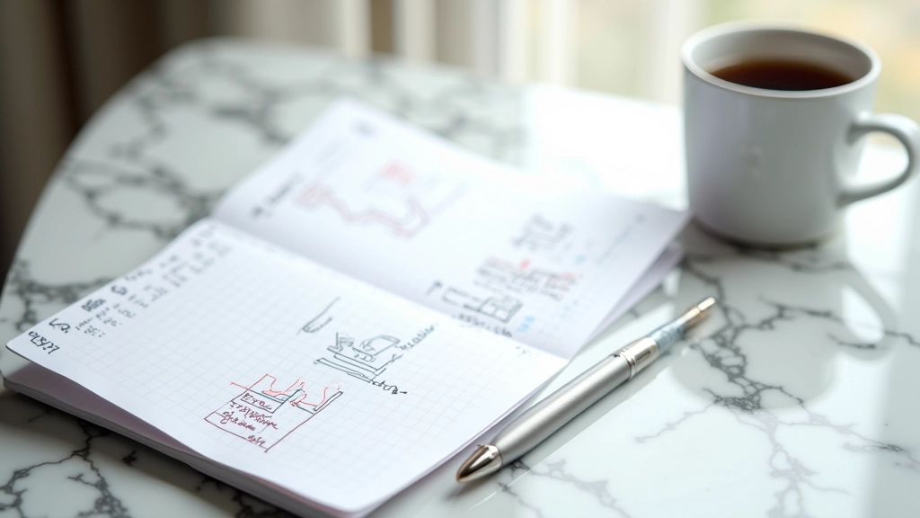 Notizbuch mit Notizen über Zeitmanagement und App-Strategie auf Schreibtisch mit Kaffee