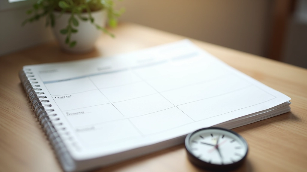 Tagebuch mit Zeitplan und Uhr auf Schreibtisch, zeigt tägliches Zeitmanagement und Planung