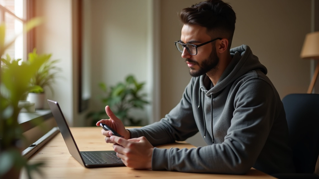Person nutzt mehrere Apps gleichzeitig auf Smartphone und Laptop zur Verwaltung von Zusatzeinkommen
