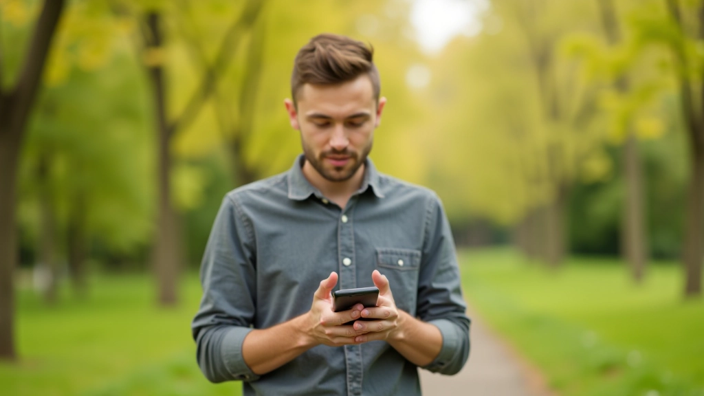 Person hält Smartphone in der Hand, sitzt im Park, App-Interface ist sichtbar