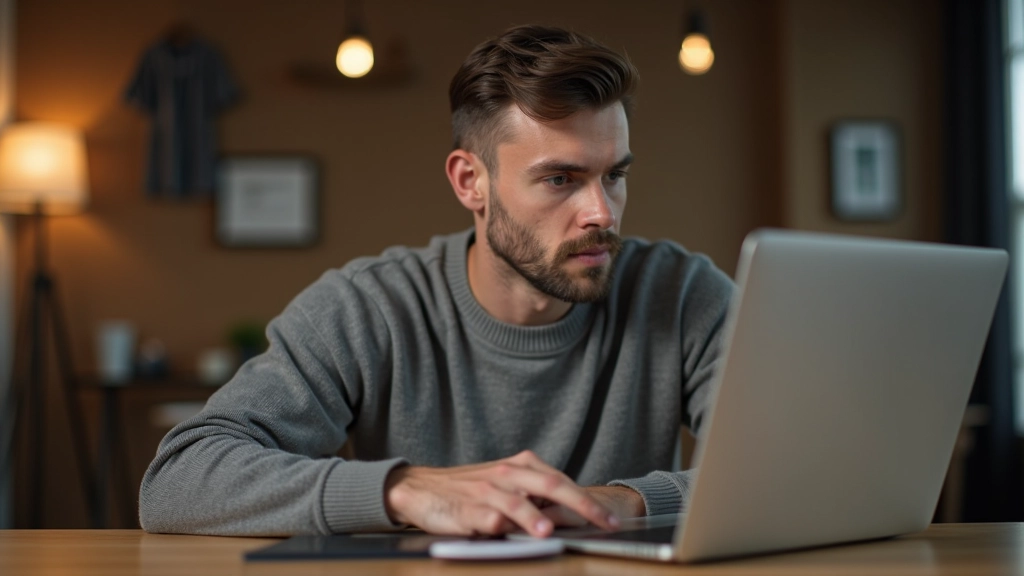 Person arbeitet konzentriert an Laptop zuhause, Schreibtisch mit Kaffee und Notizen