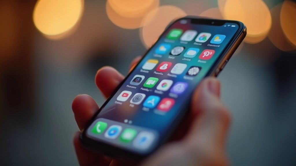 Smartphone-Bildschirm mit verschiedenen App-Icons und Dashboard-Übersicht, helles Licht