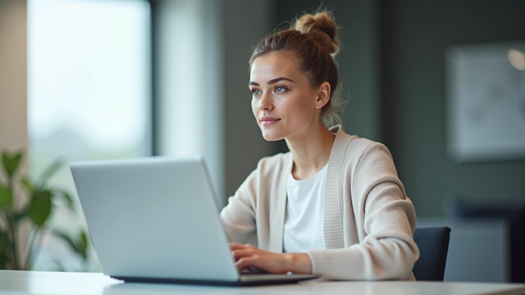 Frau sitzt am Schreibtisch, schaut konzentriert auf ihren Computerbildschirm, während sie an ihrem Tagesplan arbeitet