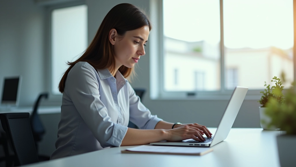 Frau sitzt am Laptop und analysiert Finanz-Daten und Diagramme auf dem Bildschirm in modernem Büro